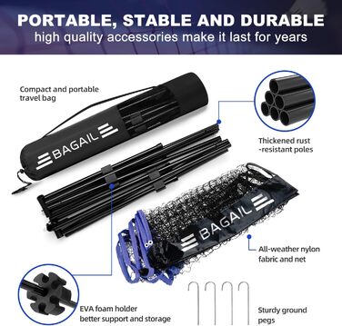 Сітка для бадмінтону BAGAIL, складна нейлонова сітка, регульована по висоті підставка та сумка для перенесення, легко встановлюється та знімається, ідеальна спортивна сітка для тенісу, бадмінтону або волейболу, 3M синій/чорний