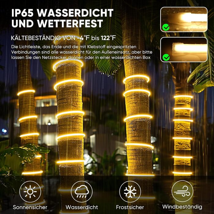 Світлодіодна стрічка Shine Decor COB 2м, AC 220-230V, IP65 Водонепроникна, SMD2025 286 LED/м, Надяскрава світлова лінія для кухні, саду та освітлення (2м, Теплий білий, Сертифікат CE). Теплий білий, 2 метри.