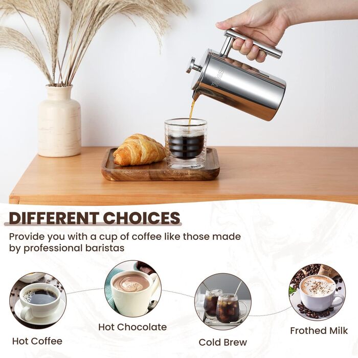 Кавоварка з нержавіючої сталі френч-прес Velaze, кавоварка 350 мл на 2-3 чашки, французький кавоварський прес з подвійними стінками, елегантний дизайн, кавник з 5 фільтрами з нержавіючої сталі та 1 ложкою 350 мл