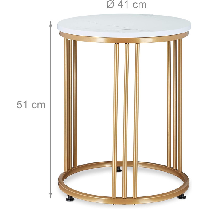 Журнальний столик Relaxdays MARMO, круглий, метал та МДФ, білий/золотий для вітальні, під мармур, ВxГ 51 x 41 см Білий, Золотий