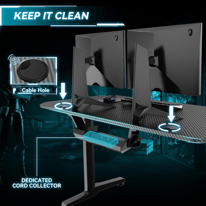 Ігровий стіл Himimi 160x75 см, ергономічний комп&39ютерний стіл з килимком для миші на всю поверхню, вуглецеве покриття, підставка для склянок, гачок для навушників та ігрова рама-ручка, міцна Т-подібна конструкція 160 x 75 x 75 см