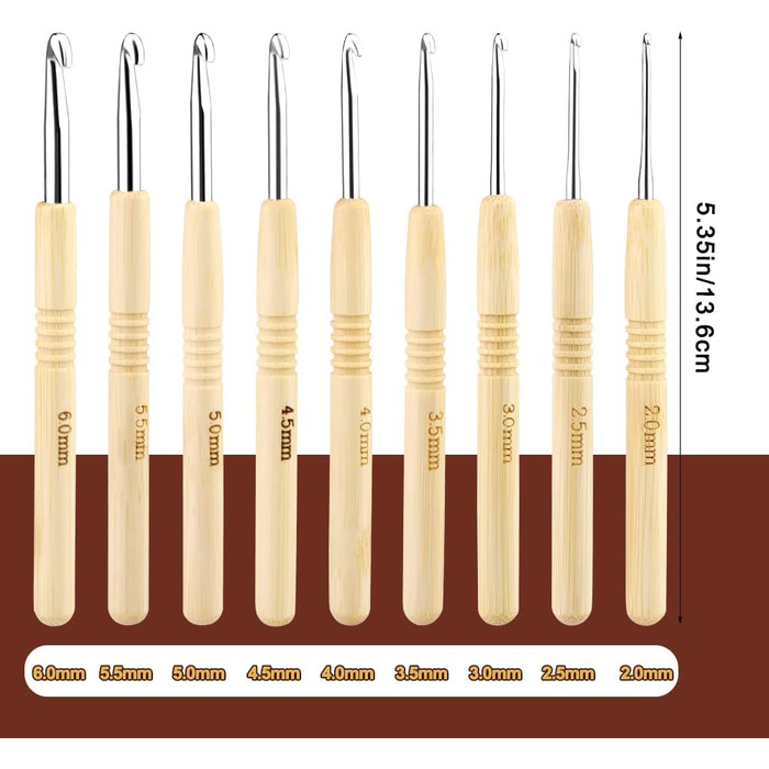 Набір гачків для вязання, ергономічна рукоятка для рук із артритом, деревяна ручка для вязання гачком, дуже легкі спиці для початківців та пряжа для вязання, початковий набір для вязання гачком 2,06,0 мм (9 шт.)