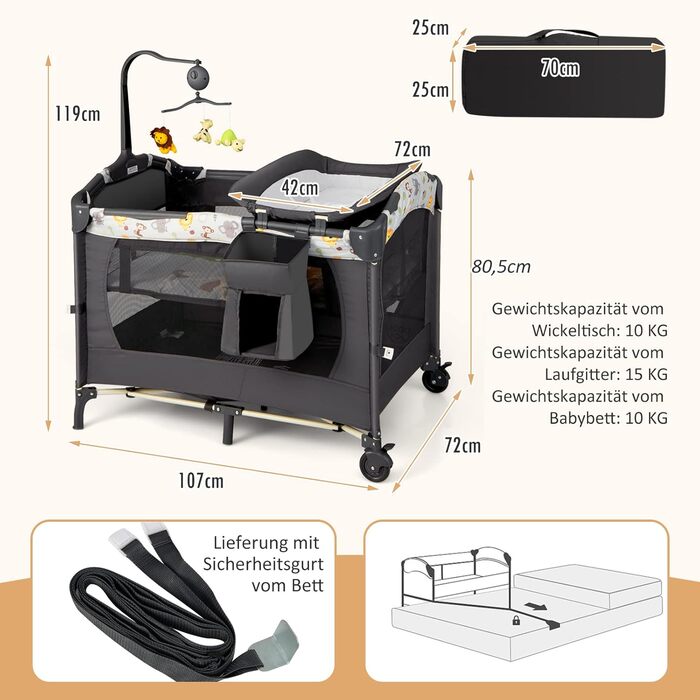 Складане дорожнє ліжечко DREAMADE 4-в-1, дитяче ліжечко з регульованою висотою та пеленальний столик, приліжкове ліжко з сумкою для перенесення, для дітей 0-36 місяців, темно-сіре
