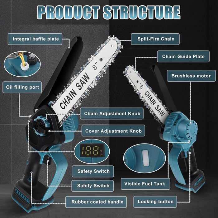 Міні-бензопила, сумісна з акумулятором Makita 18V, 8-дюймова безщіткова ланцюгова пила електрична з поліпшеним змащенням ланцюга, ручна ланцюгова пила для садових ножиць, різання деревини (без акумулятора.
