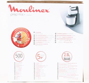 Електричний ручний міксер Moulinex HM4641 Prep'Mix, з віночком і гаком для тіста з нержавіючої сталі для перемішування, збивання і збивання, самоповоротний контейнер об'ємом 2,5 л, 5 швидкостей і