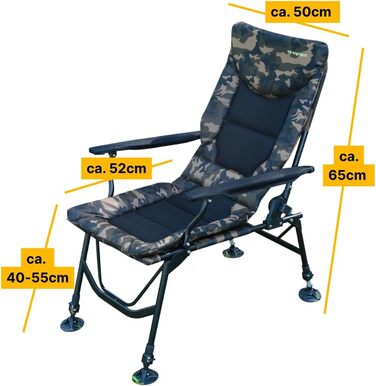 Рибальське крісло XL, вантажопідйомність 150 кг, коропове крісло з підлокітниками, складне, зручне рибальське крісло з підлокітниками та регульованою висотою сидіння (від 42 см до 55 см), кемпінгове крісло з надзвичайно широким сидінням