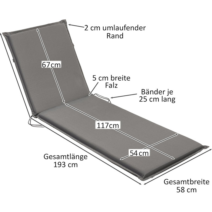 Спальний Відкритий комплект з 2 подушок Садовий шезлонг, Подушка Шезлонг Пляжний Шезлонг, Зроблено в ЄС, kotex, Кутові ремені та регулювальний ремінь, чохол знімний, 190 x 58 x 6 см, Anthracite Grey 2 місця (1 упаковка) Антрацит сірий