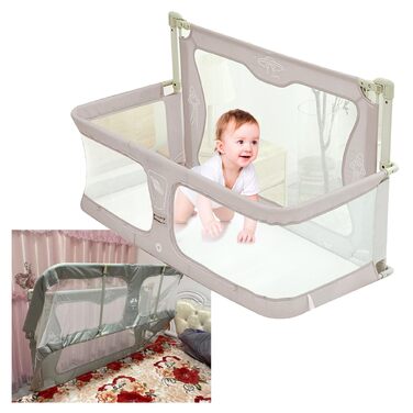 Дитяче ліжко 3-в-1, 120x50 см, дитяча колиска, дитяче ліжечко-манеж, дитяче ліжко-манеж, пружинне ліжко-бокс біля ліжка, з аксесуарами, які можна розмістити на ліжку (колір кремово-білий)