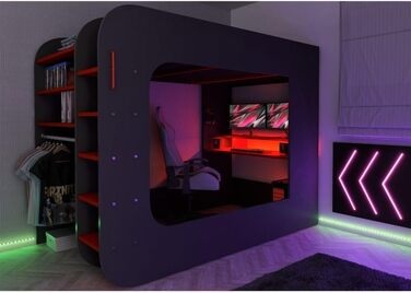 Дитяче двоярусне ліжко з ігровим столом в антрацитовому та червоному кольорах