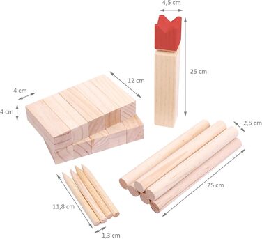 Гра WELLGRO Kubb 22 шт. - для 2-12 гравців, з масиву дерева, червоний король, гра Вікінг в комплекті з інструкцією та сітчастою сумкою - шведські шахи для кидання на галявині