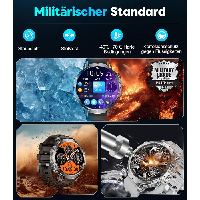 Розумний годинник LIGE Military для чоловіків (3 ремінці) - 1000 мАг/1,85 дюйма HD великий сенсорний екран/світлодіодна підсвітка, фітнес-годинник з понад 110 спортивними режимами, відстеження серцевого ритму/сну, спортивний годинник для iOS/Android, наси