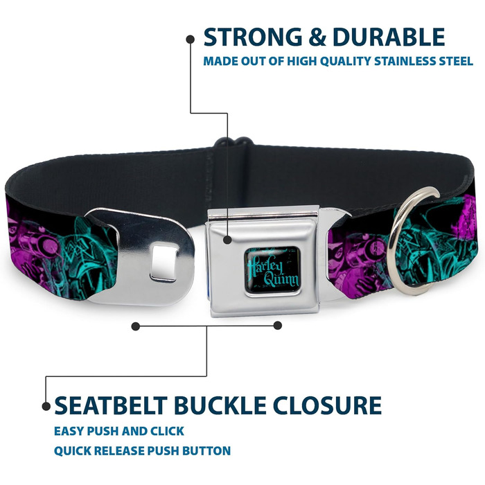 Нашийник для собак Buckle-Down з пряжкою, Harley Quinn, прицільні пози Джокера, чорний, бірюзовий, фуксія, ширина 2,5 см, для обхвату шиї 38-66 см, великий розмір (DC-WJK047-L)