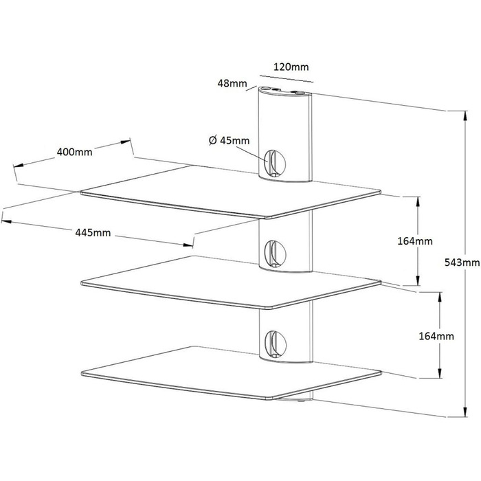 Підвіс для полиці NEG HiFi 503S, консольна стійка HiFi, настінна полиця, плаваюча (срібляста), з 3 великими скляними полицями (прозора) та системою організації кабелів, сріблястий, 3 полиці