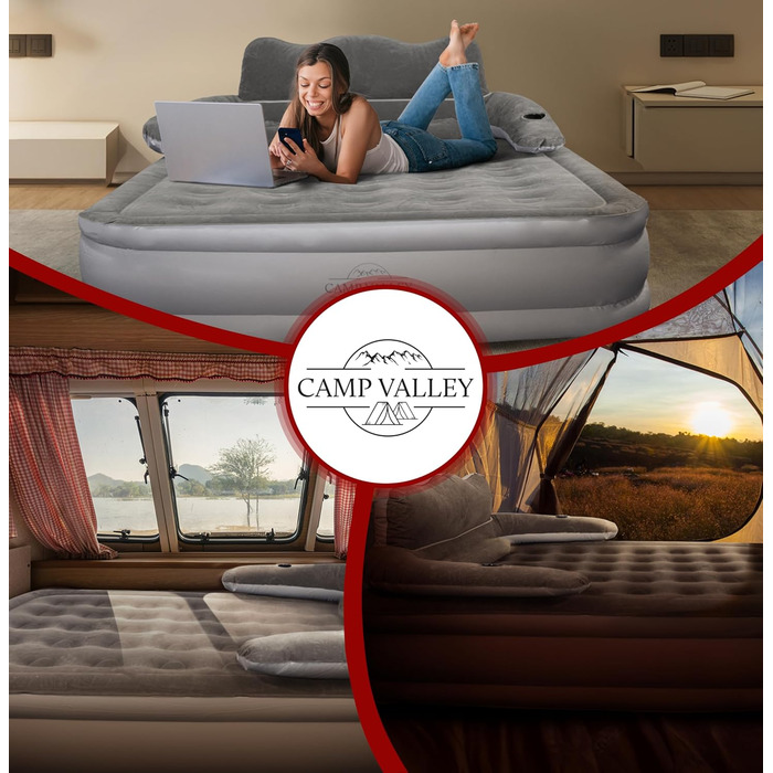 Надувне гостьове ліжко Camp Valley для 2 осіб зі спинкою – самонадувне, з вбудованим насосом, 200×150×40 см