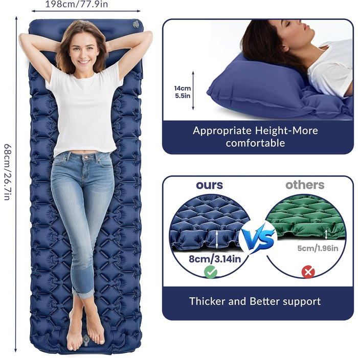 Надувний килимок для сну, товщиною 8 см, надлегкий килимок для сну з подушкою та ножним насосом, 198 * 68 см, портативний компактний кемпінговий матрац, кемпінговий надувний матрац для походів, активного відпочинку, подорожей