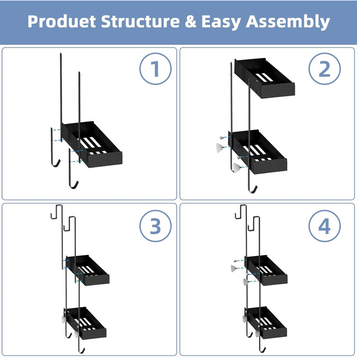 Підвісна полиця для душу, органайзер для скляних душових дверей, тримач для шампуню, кошик для душу без свердління, чорний, з 8 гачками, нержавіюча сталь 65.5x30x11.2 см