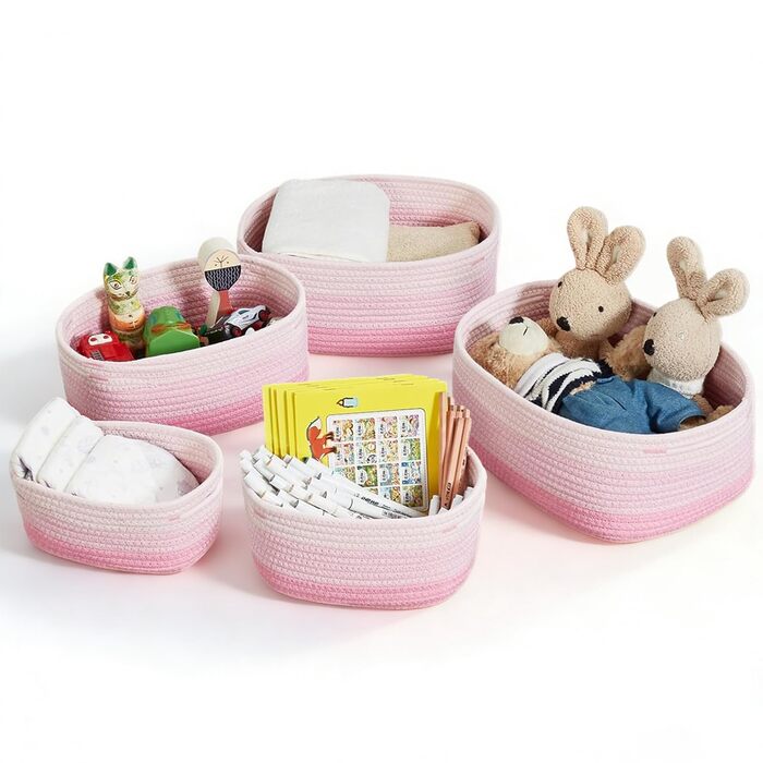 Кошики для зберігання речей MANGATA з бавовняної мотузки, невеликий плетений бавовняний кошик для зберігання речей у ванній кімнаті, дитяча кімната, без запаху, повністю натуральний та зручний для дітей, набір з 5 шт. , фламінго (приблизно 36 л)