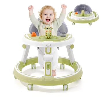 Дитячі ходунки 3-в-1, регульовані по висоті та складані, із захистом від перекидання та 7 рівнями регулювання висоти, для дітей від 6 місяців з тихими колесами, що обертаються на 360, лотком та ігровим центром