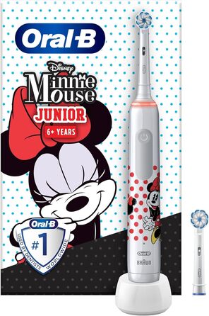 Електрична зубна щітка/електрична зубна щітка Oral-B Junior Minnie Mouse, діти від 6 років, 2 щітки, регулювання тиску на 360, 2 режими чищення, включаючи чутливий догляд за зубами, м'яка щетина, таймер, біла біла ука (1 упаковка)