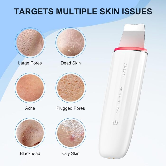 Пристрій для ультразвукового пілінгу для обличчя, ANLAN IPX7 Водонепроникний ультразвуковий скраб для шкіри 6 в 1 пристрій для очищення обличчя Синя червона лампа для очищення пор обличчя з зарядною базою Type-C