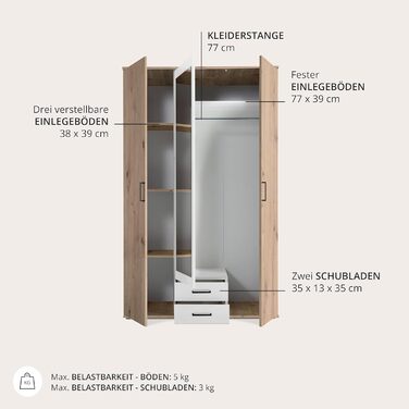 Елегантна шафа Chicago з великим простором для зберігання - Універсальна шафа з розсувними дверима в обробці з дуба Artisan з білими акцентами - 120 x 197 x 54 см (Ш/В/Г) 120 x 197 x 54 см Дуб Artisan / Білий