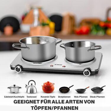 Подвійна конфорка Bomann з нержавіючої сталі Варильна поверхня з 2 варильними поверхнями 2500 Вт електрична варильна поверхня з ручками Cool Touch Варильні поверхні із захистом від перегріву DKP 5033 CB Одномісний