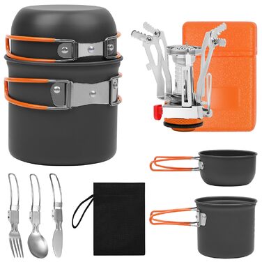 Набір посуду для кемпінгу, 8-предметний набір посуду для кемпінгу з міні-газовою плитою та столовими приборами, кемпінговий посуд для 1-2 осіб, пікніки на свіжому повітрі, походи (8-предметний набір)