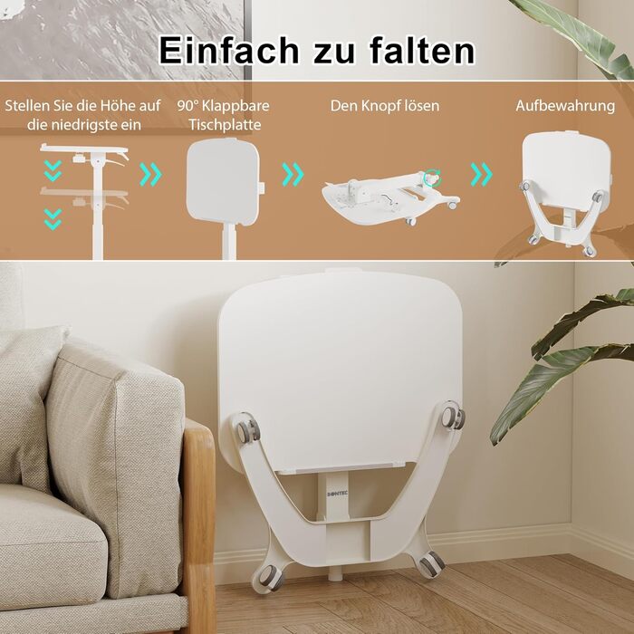 Складаний комп&39ютерний стіл BONTEC 65x50 см, регульована висота з 4 колесами, стіл для ноутбука, складаний, бічний столик для офісу, вітальні, спальні, до 12 кг, ідеально підходить для домашнього офісу та невеликих приміщень, білий
