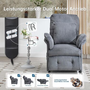 Моторне електричне крісло-реклайнер, крісло для телевізора з функцією відкидання, крісло для телевізора у вітальні з колесами, регульована спинка та підставка для ніг, 2 бічні кишені, вельветовий диван, темно-сірий, 2-
