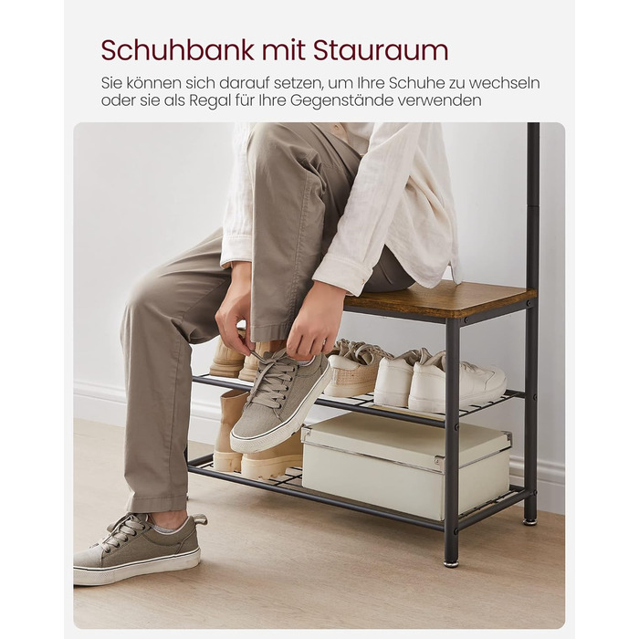 Вішалка для одягу, Вішалка для одягу з полицями для взуття, Вішалка для взуття із сидінням, для передпокою, з гачками, 3 полиці, Метал, Висота 177 см, Промисловий дизайн, Вінтажний коричнево-чорний HSR41BX 70 x 177 см Вінтажний коричневий чорний