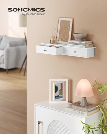Настінна полиця SONGMICS, плаваюча полиця з 2 шухлядами, вантажопідйомність до 15 кг, 15 x 65 x 10 см, для коридору, вітальні, офісу, легке складання, компактна, сучасна, біла LWS65WT