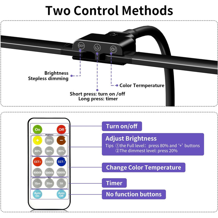 Настільна лампа KableRika LED з регулюванням яскравості з дистанційним керуванням настільна лампа з подвійною головою затискна - Захист очей Офісна настільна лампа для домашнього офісу - Лампа денного світла Настільне освітлення для монітора Чорний