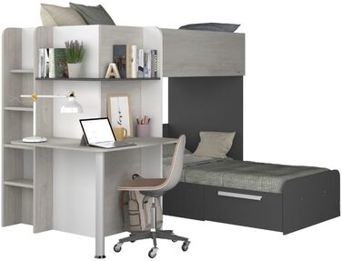 Двох'ярусне ліжко Bleki для двох дітей з письмовим столом і шафою в вінтажному білому та антрацитовому кольорах