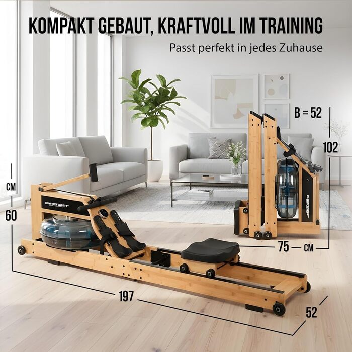 Складаний водний гребний тренажер Christopeit для домашнього використання WP5000 або Colorado - дерев&39яний гребний тренажер, гібридна система водно-магнітних систем, Kinomap, Bluetooth Colorado - бамбук