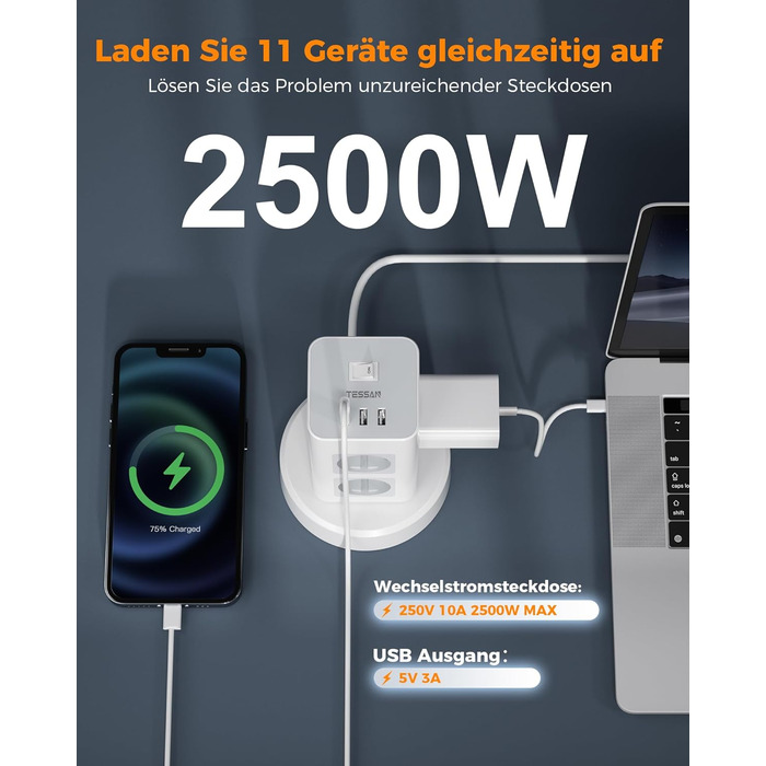Розетка TESSAN на кілька штепсельних розеток з USB, розетка на 8 відділень з висувним подовжувачем, розетка на кілька штепсельних