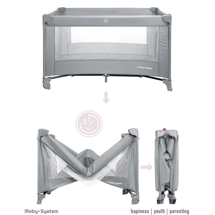 Дитяче ліжечко Moby-System 128x68 см Складане дитяче ліжечко з матрацом та сумкою для перенесення Манеж з боковим виходом для дітей вагою до 15 кг Сірий базовий