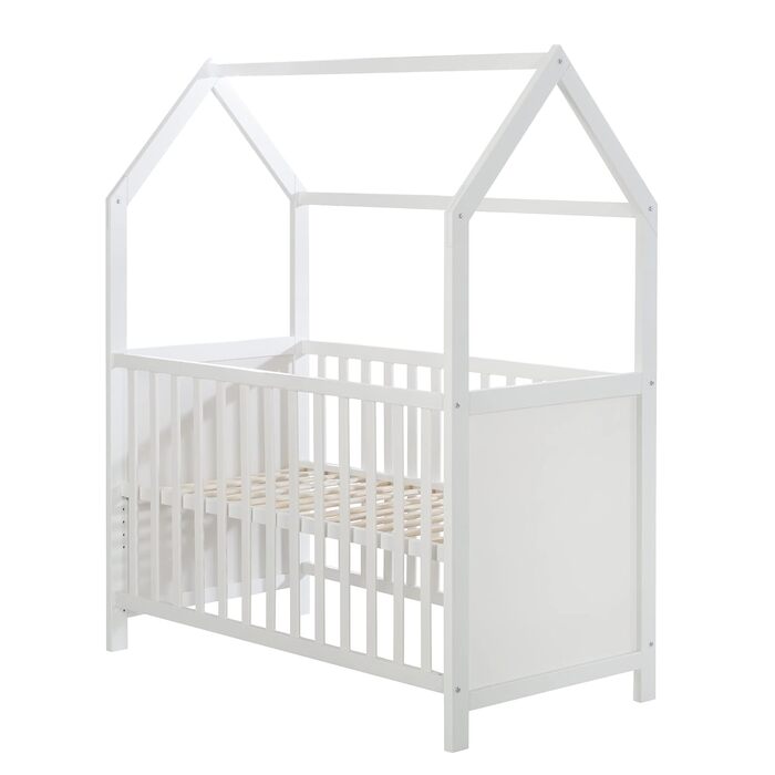 Дитяче ліжко, домашнє ліжко 60 x 120 см, сертифіковане FSC, біле, регульоване у 6 напрямках, як дитяче та приліжкове ліжко в комплекті з пеленальним столиком, біле