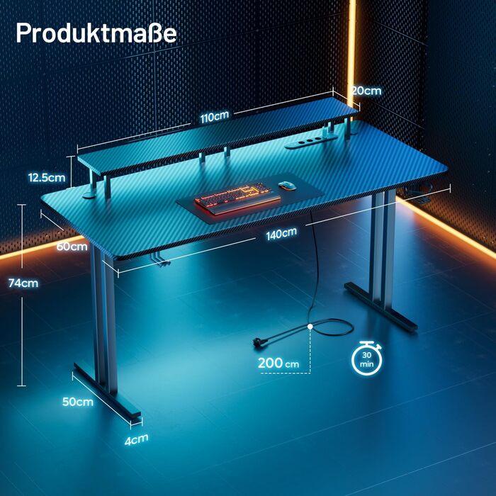 Ігровий стіл зі світлодіодним підсвічуванням, 140 x 60 см, ігровий стіл з 3 розетками та 2 USB-портами, комп&39ютерний стіл з підставкою для монітора, стабільний ігровий стіл для ПК для ігор та офісного використання, чорний, стіл 140 см