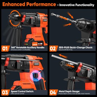 Електричний перфоратор 2,8 Дж, акумуляторний перфоратор olmlmo SDS PLUS, безщітковий потужний акумуляторний ударний дриль-шуруповерт 4 в 1 з 2 акумуляторами PCS 4,0 Ач і зарядним пристроєм, перфоратор для любителів зроби сам і професіоналів