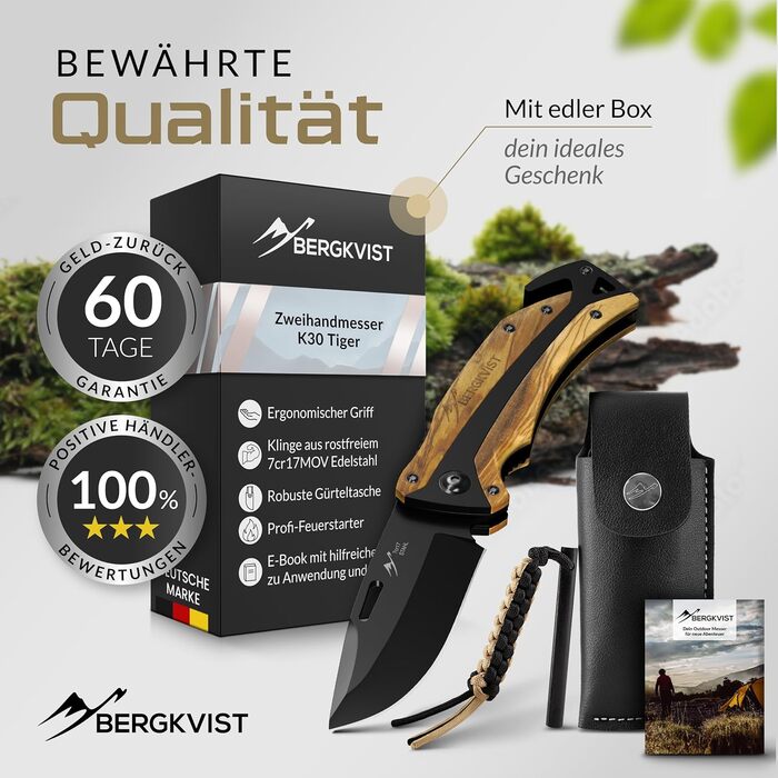 Складаний ніж (дворучний ніж) - дозволений до носіння в Німеччині - кишеньковий ніж 3-в-1 для кемпінгу, розбивача скла та різака д