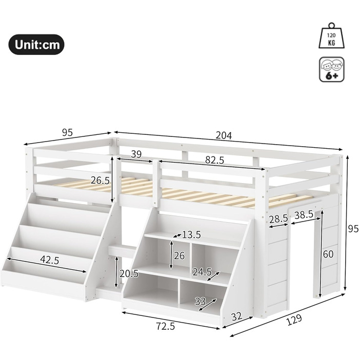 Дитяче ліжко середнього класу 90x200 зі світлодіодним освітленням, односпальне ліжко зі сходами та шафою для зберігання, ліжко з місцем для зберігання, дерев&39яне ліжко, функціональне ліжко, дитяче ліжко із захистом від падіння та рейковим каркасом, біле