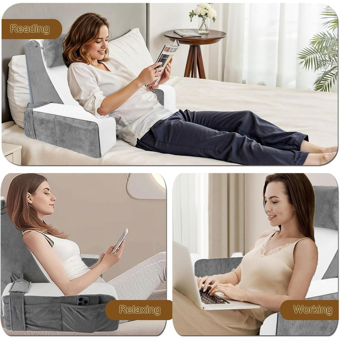Велика подушка для читання для ліжка та дивана, подушка для спини дорослого з підлокітниками та ергономічною подушкою для спини з кишенею та чохлом, який можна прати, для відпочинку, читання та перегляду телевізора (білий колір)
