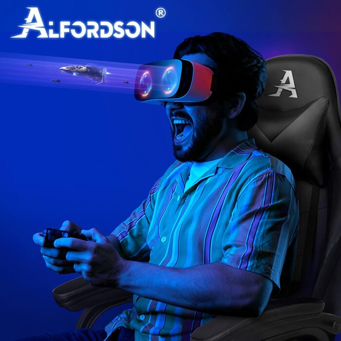 Крісло для відеоігор ALFORDSON, ергономічне офісне крісло, масажне гоночне крісло, висувна підставка для ніг, шкіра штучна, регулювання висоти та нахилу, вантажопідйомність 180 кг, чорний колір Vogler - чорний