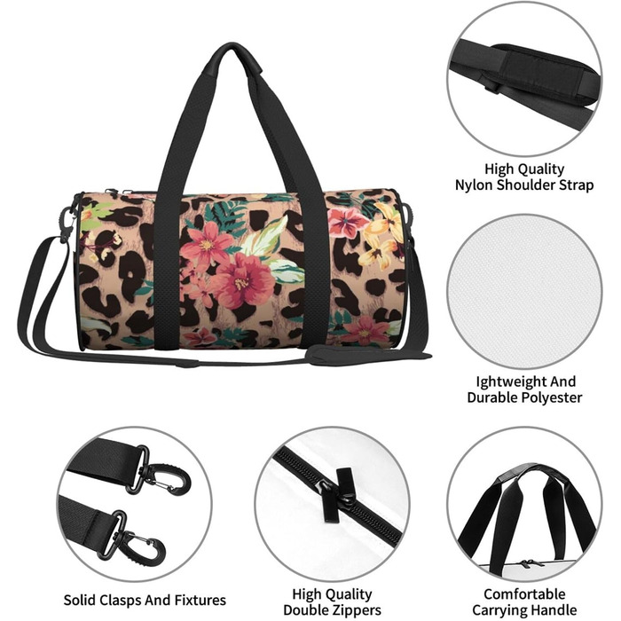 Спортивна сумка, дорожня сумка, вінтажний стиль, леопардовий принт, квітковий малюнок, сумка для подорожей на вихідні, чорний колір, універсальний розмір