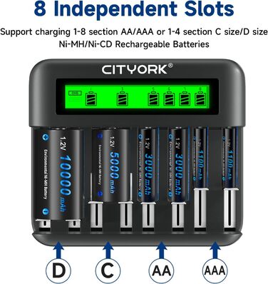 Акумуляторні батареї CITYORK D Cell 10000mAh з 8 слотами для заряджання NI-MH батарейок типу AA, AAA, CD (зарядний пристрій та 6 батарейок типу D)