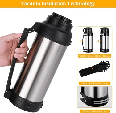 Вакуумно-ізольована пляшка місткість 2 л, металева пляшка для води з нержавіючої сталі для гарячих та холодних напоїв, термопляшка з чашкою без бісфенолу А, портативна дорожня пляшка для води з ручкою для перенесення, 2000 мл