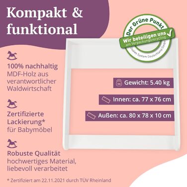 Пеленальний килимок преміум-класу, сумісний з комодами IKEA Malm тощо. 80x78x10 см пеленальний матрацик з білого дерева МДФ високо