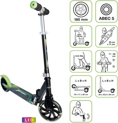 Самокат, 180 мм, ABEC 5, схвалений GS, регульований по висоті, світлодіодні колеса, зелено-чорний одинарний, 337 Aluminium Scooter