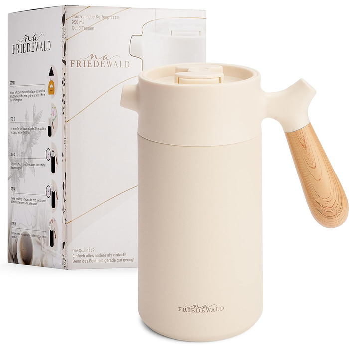 Френч-прес Friedewald Thermo - для кави та чаю - 1 л/8 чашок - для кемпінгу та дому - з подвійними стінками ізольований - Французький кавовий прес - Австрійська нержавіюча сталь - 8 год термоефектний крем/бежевий