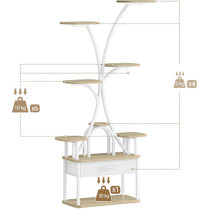 Підставка для рослин Hzuaneri з лампою для вирощування, 9-ярусна підставка для квітів з 4 світлодіодними лампами RG, регульований колір та час, 164 см, ідеально підходить для вітальні, балкона, саду, біла, PS16016WEU 9 ярусів білого кольору